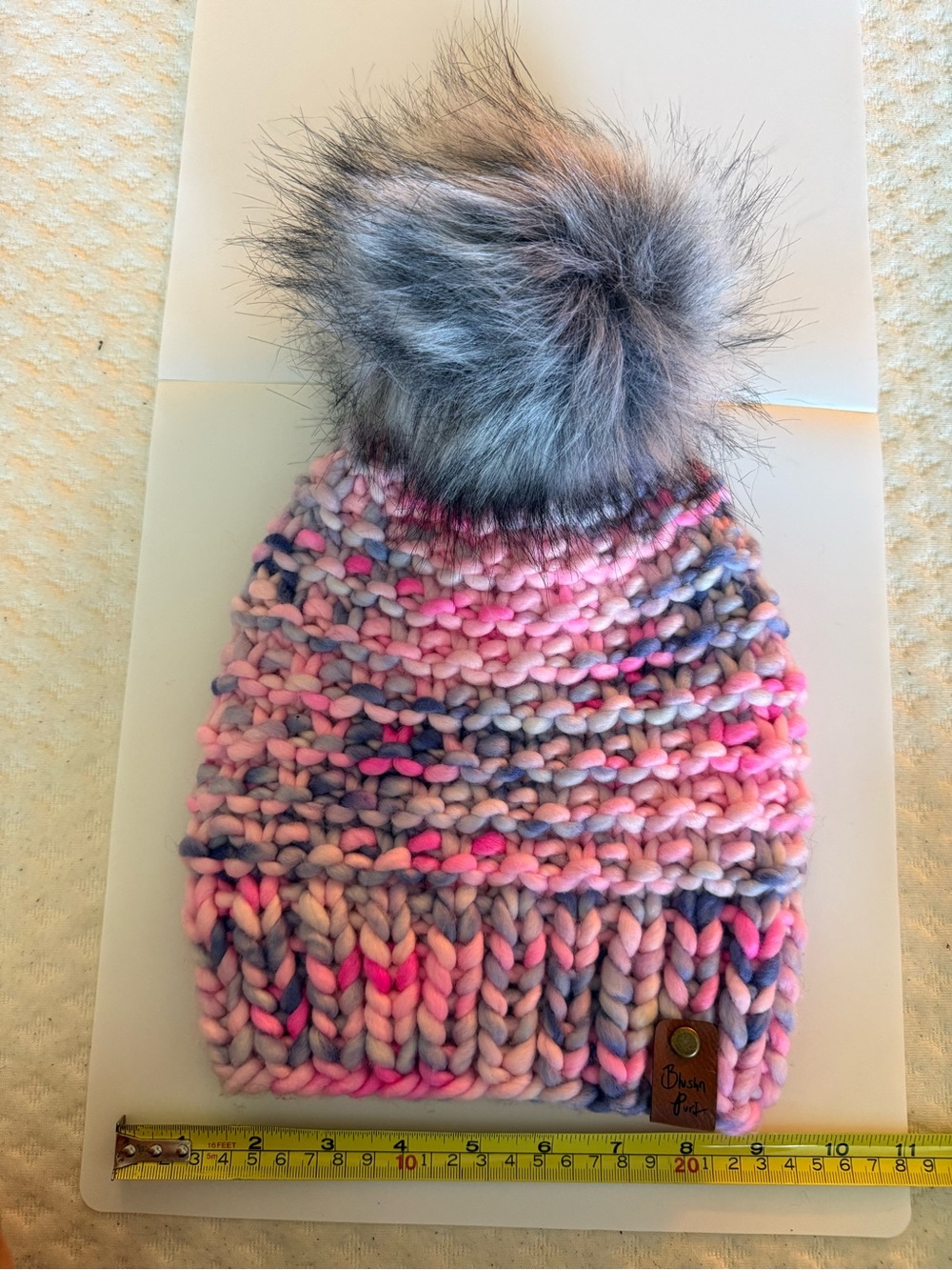 Chunky Pink Multicolor Knit Pom Beanie with Gray Faux Fur Pom
